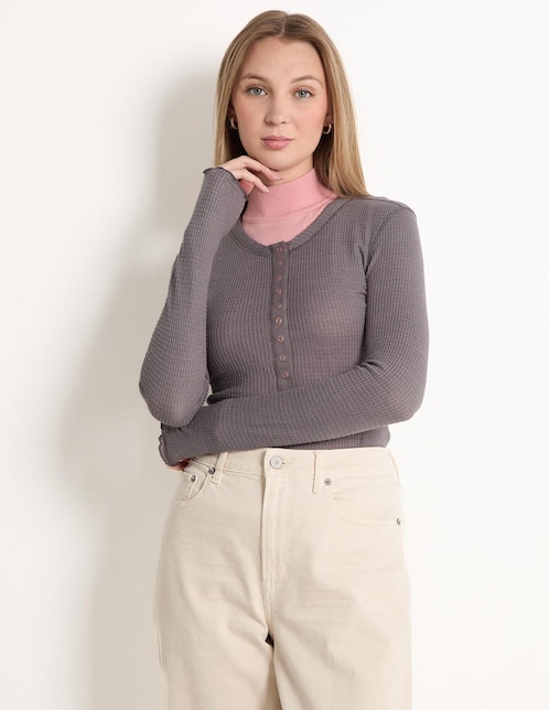 Playera manga larga Coffee Bean cuello redondo para mujer
