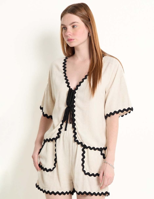 Blusa Coffee Bean manga al codo para mujer