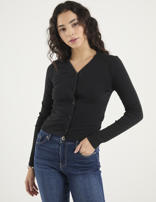 Playera manga larga Sexy Jeans cuello V para mujer