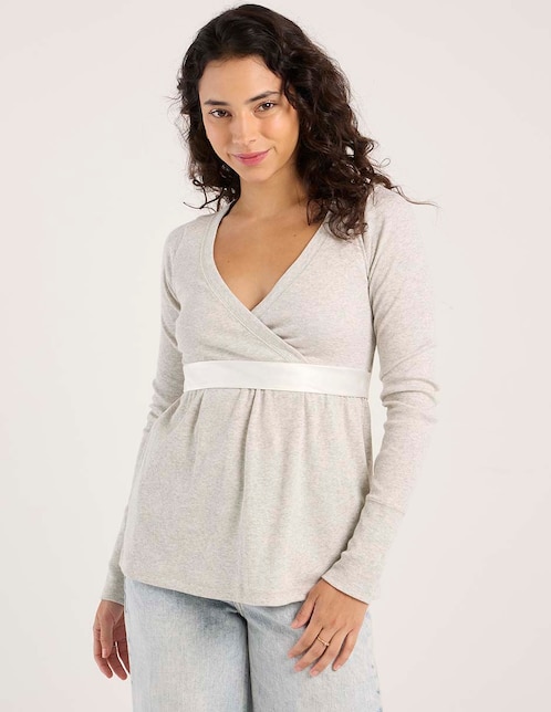 Playera manga larga cuello V para mujer 1