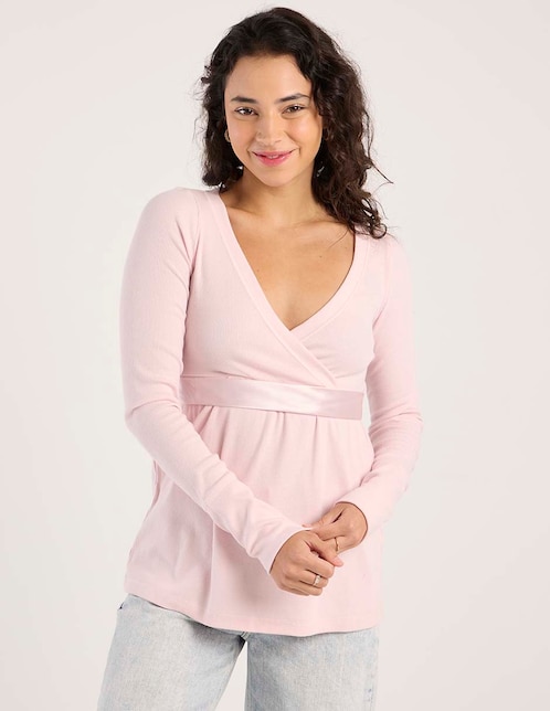 Playera manga larga cuello V para mujer 1