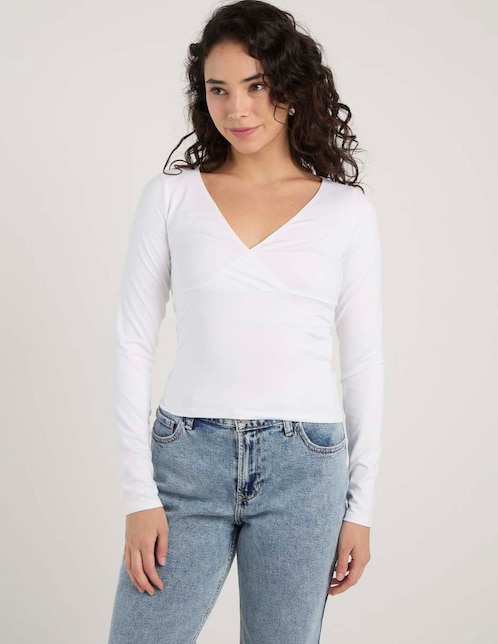 Playera manga larga cuello V para mujer 1