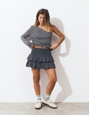 Playera manga larga Brownie cuello asimétrico para mujer