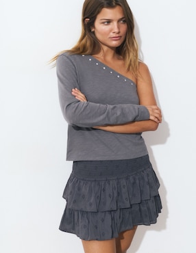 Playera manga larga Brownie cuello asimétrico para mujer