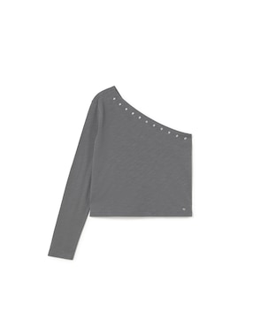 Playera manga larga Brownie cuello asimétrico para mujer