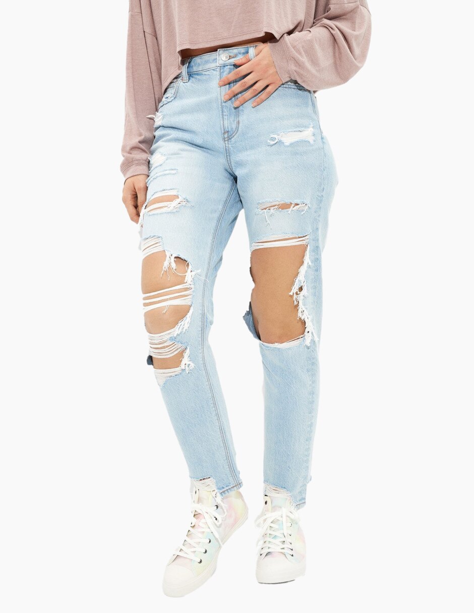 Jeans mom American Eagle lavado destruido corte cintura para mujer en  Liverpool