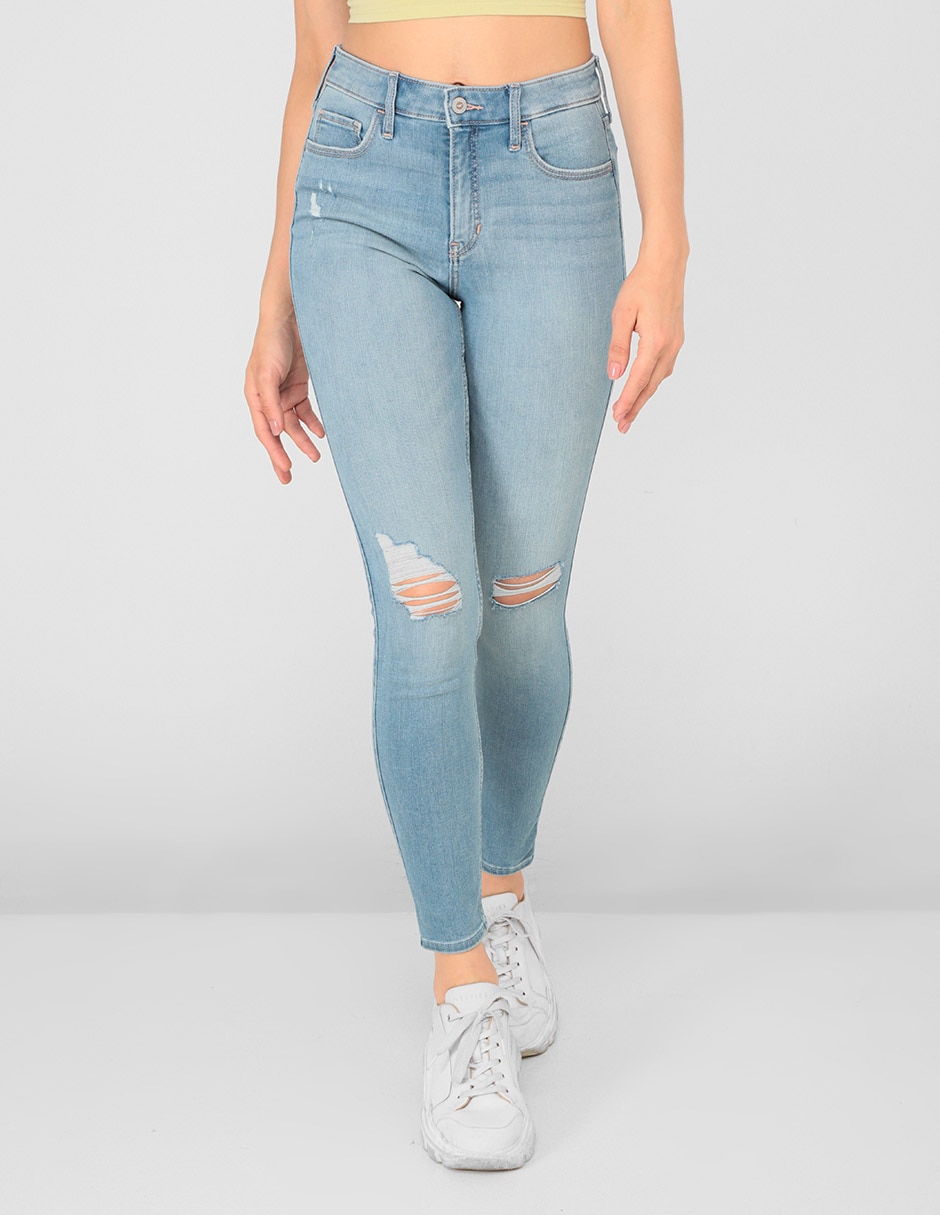 Jeans skinny Hollister lavado medio corte cintura alta para mujer