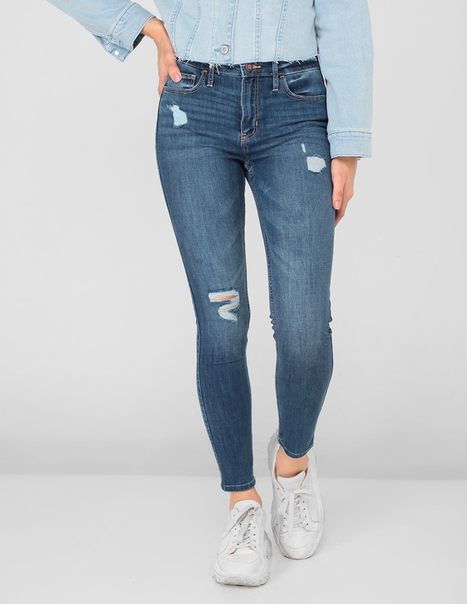 Jeans skinny Hollister lavado destruido corte cintura alta para