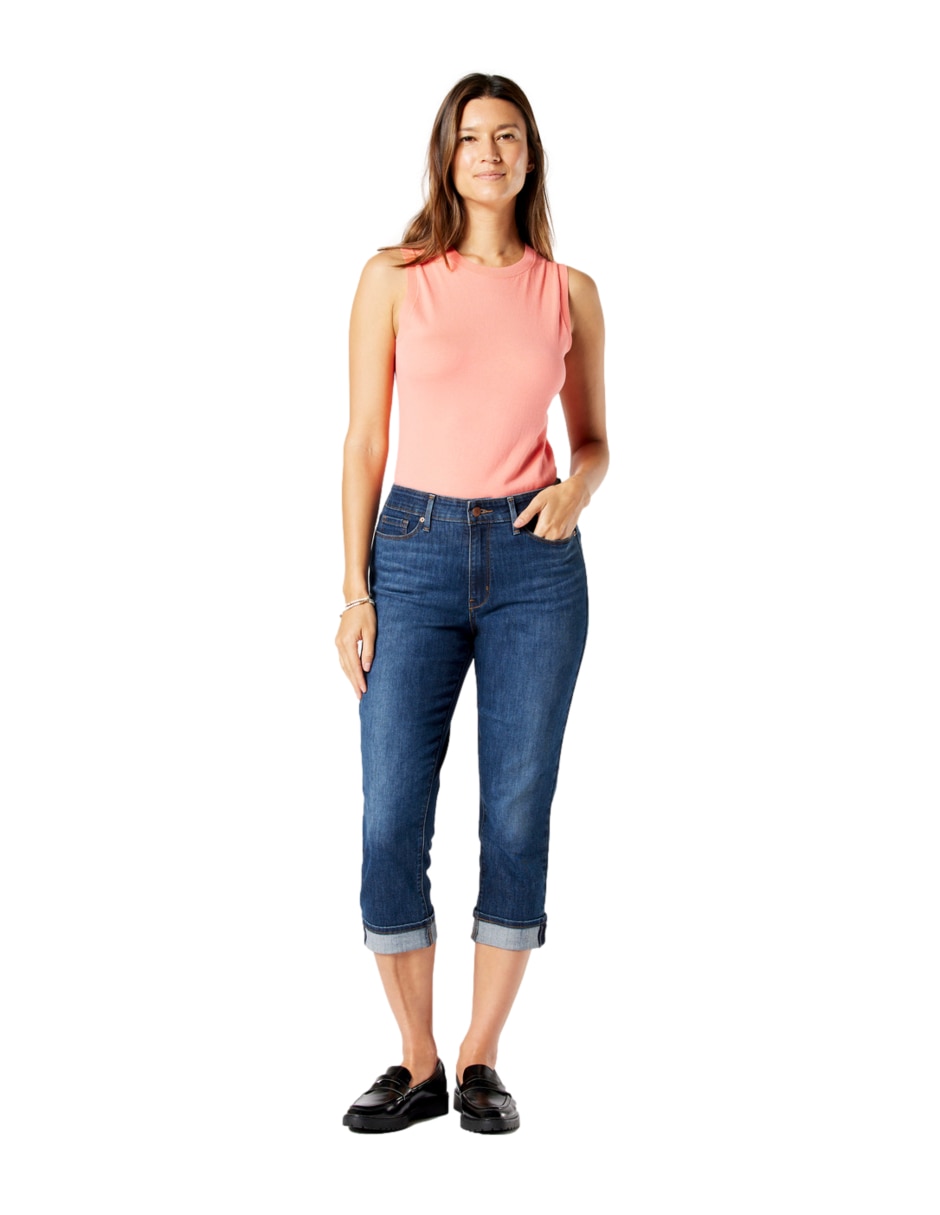Jeans slim Mid Rise lavado medio corte cintura para mujer 4