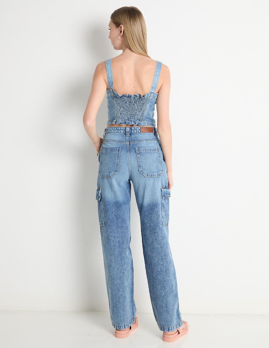 Jeans cargo straight corte cintura para mujer 2
