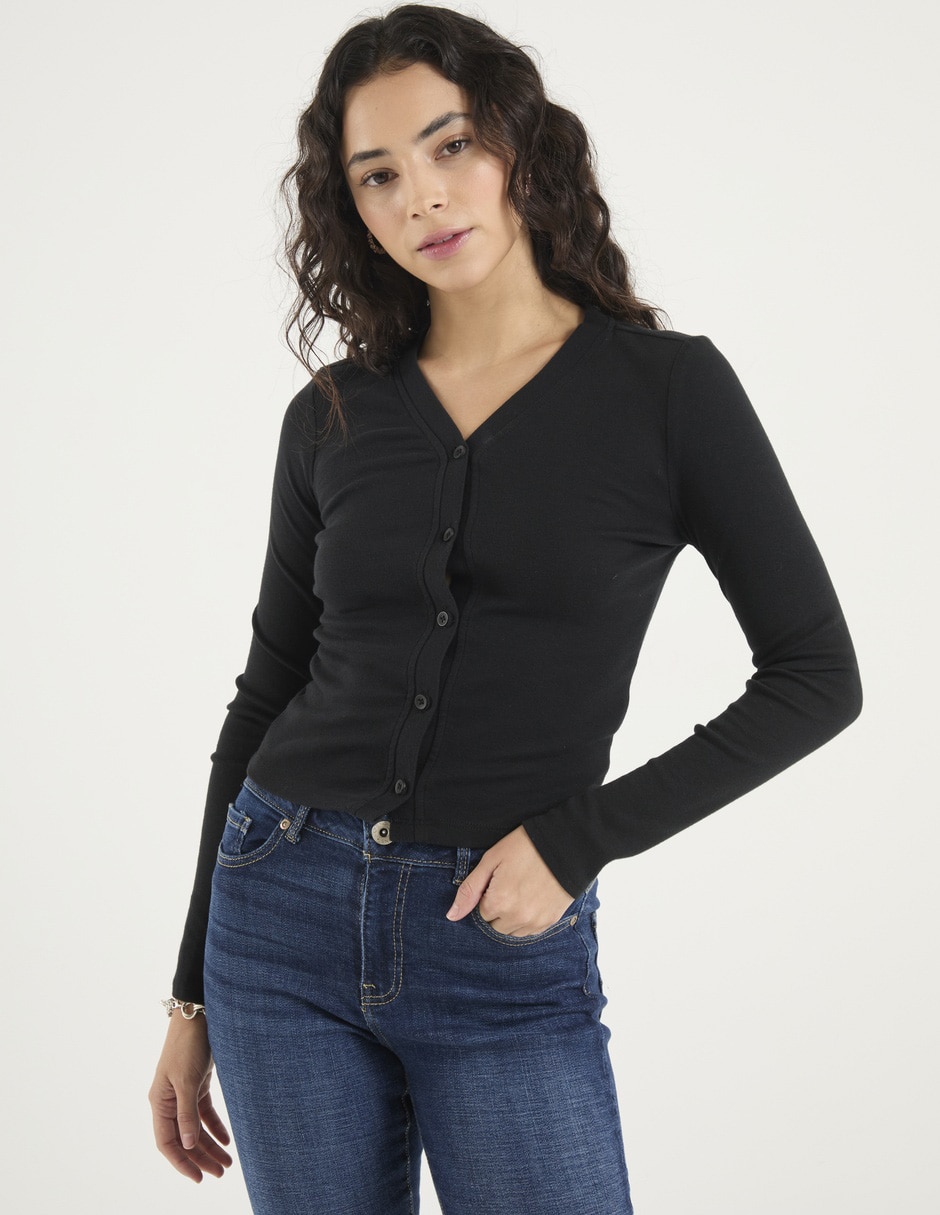 Playera manga larga cuello V para mujer