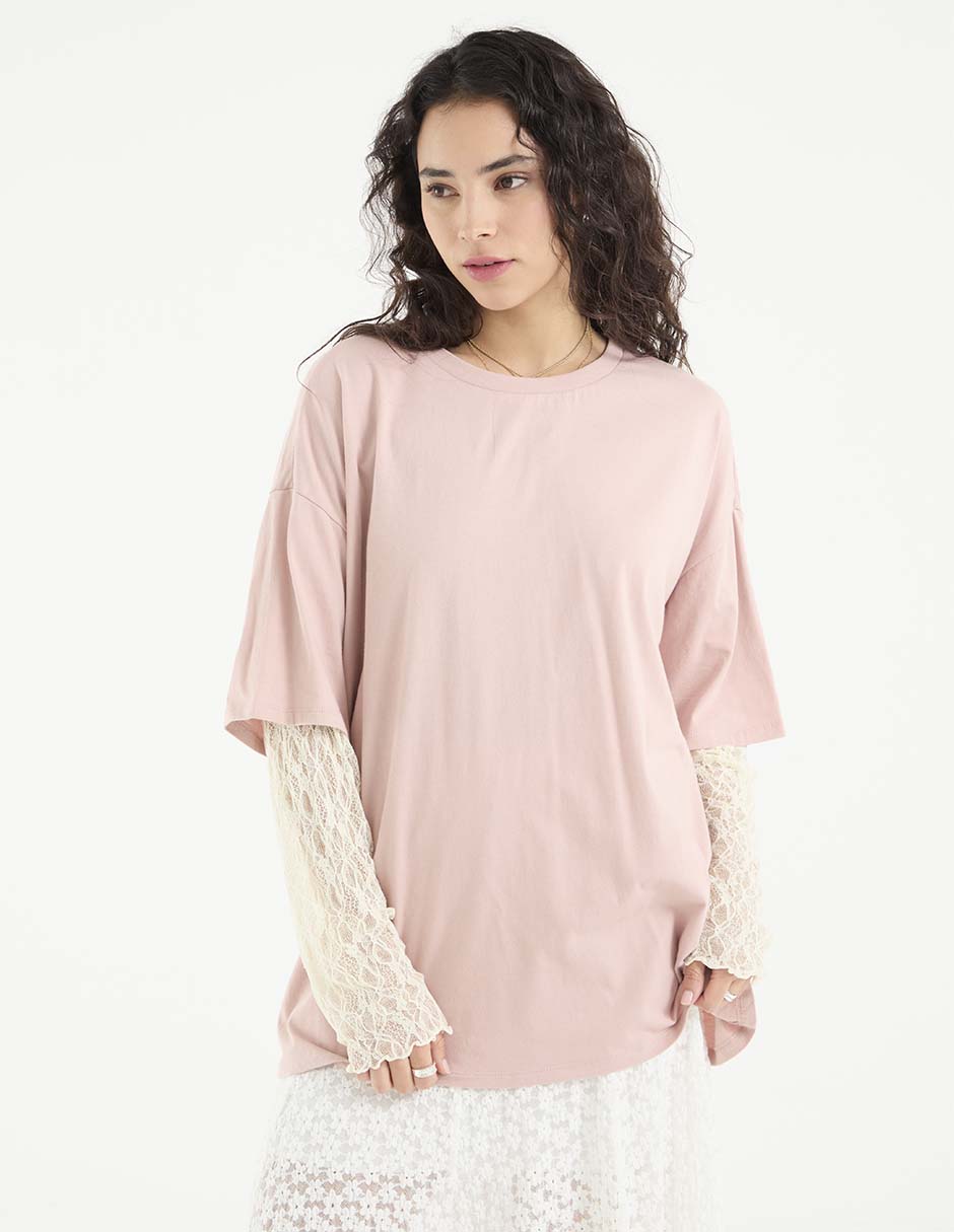 Playera manga al codo cuello redondo para mujer