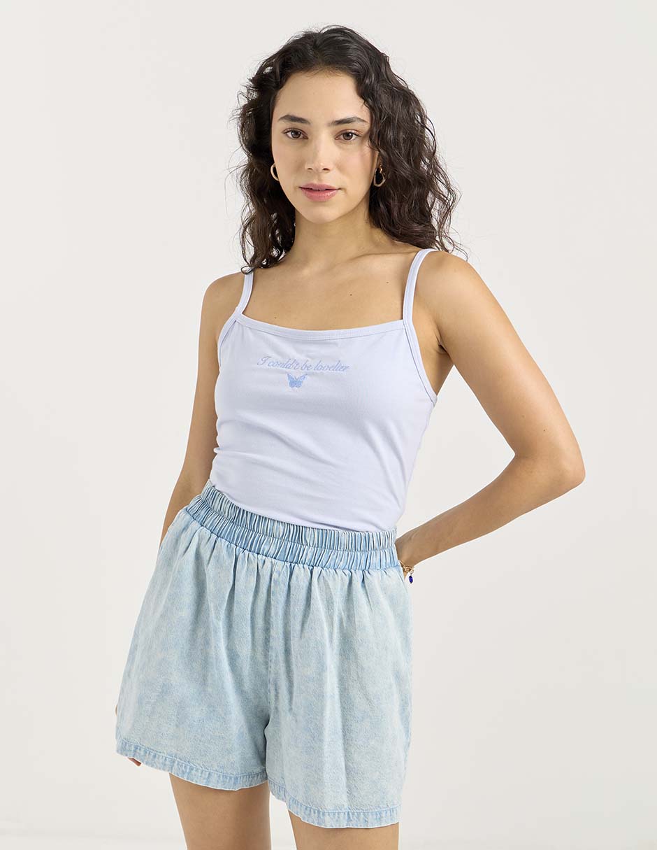 Top cuello con botón escote cuadrado tirante delgado