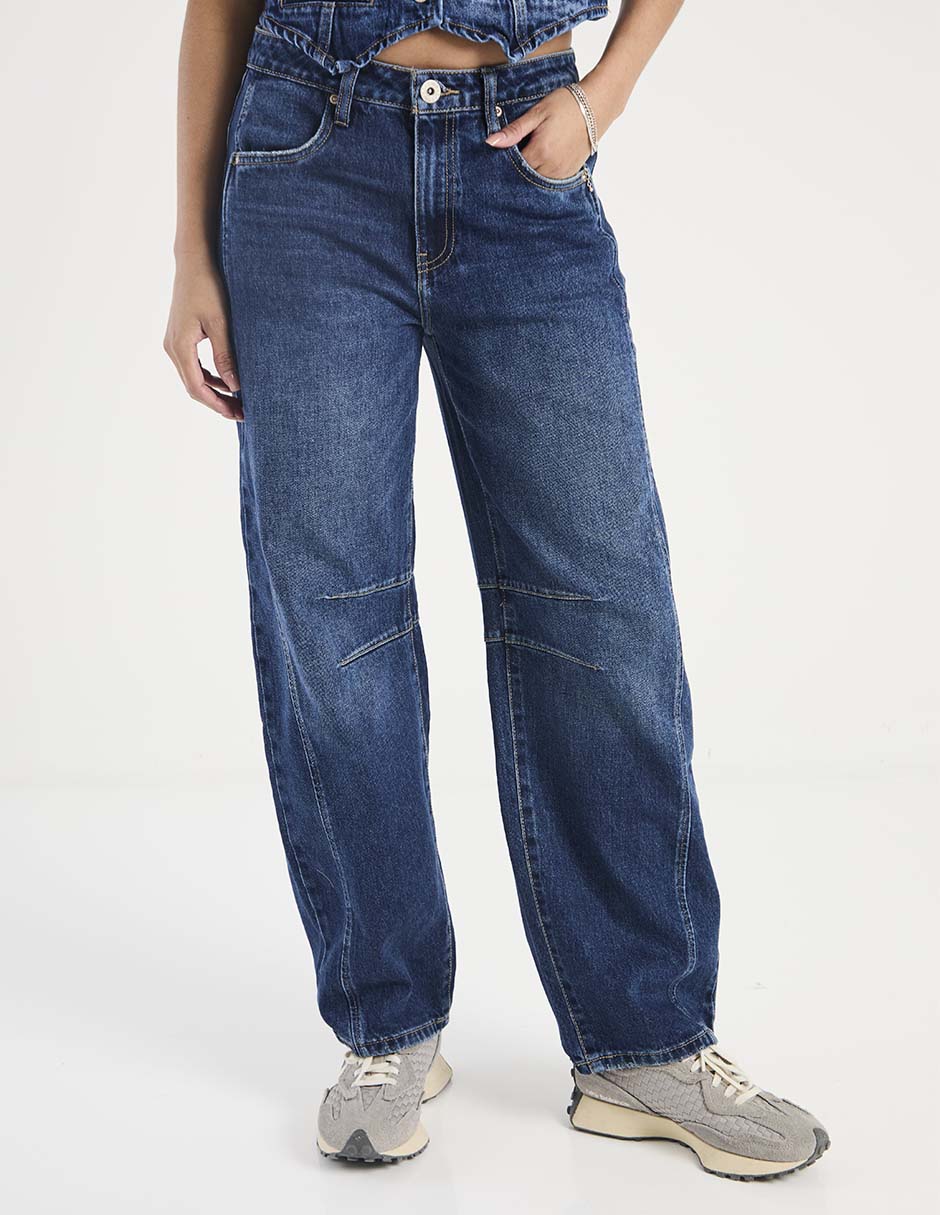 Jeans relaxed barrel corte cintura alta para mujer