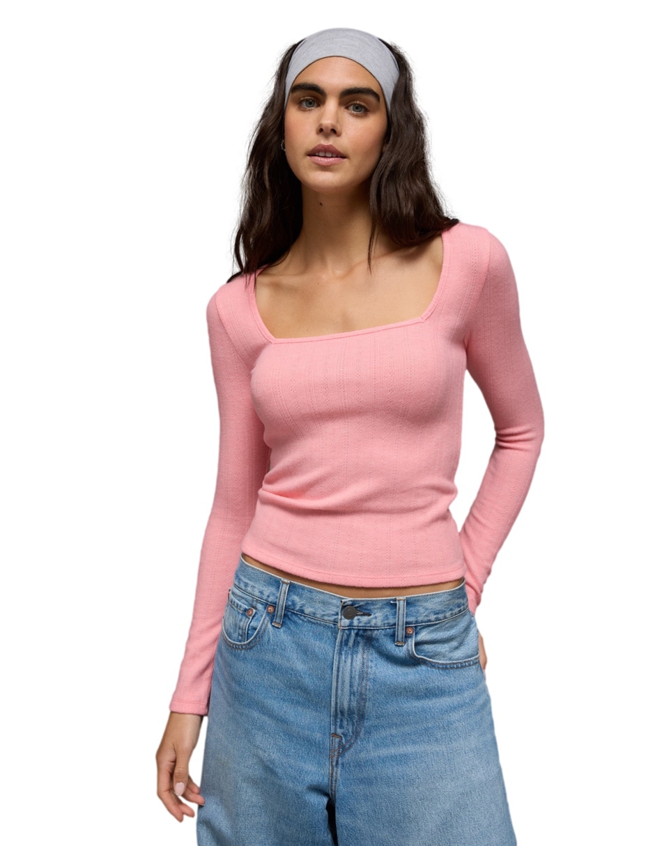 Playera manga larga cuello cuadrado para mujer