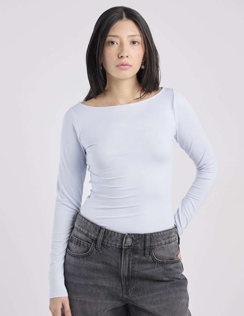 Playera manga larga cuello ojal para mujer