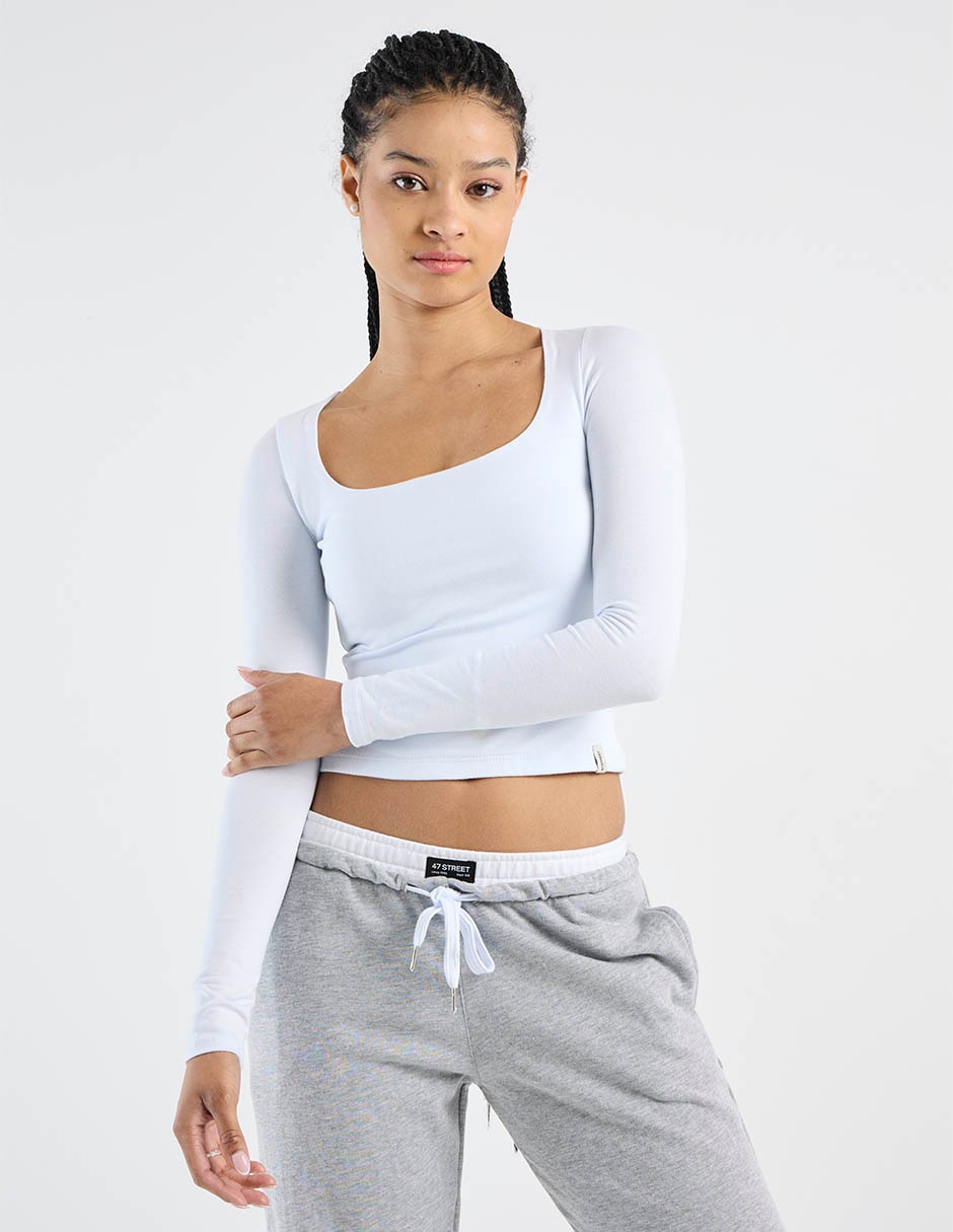 Playera manga larga cuello cuadrado para mujer