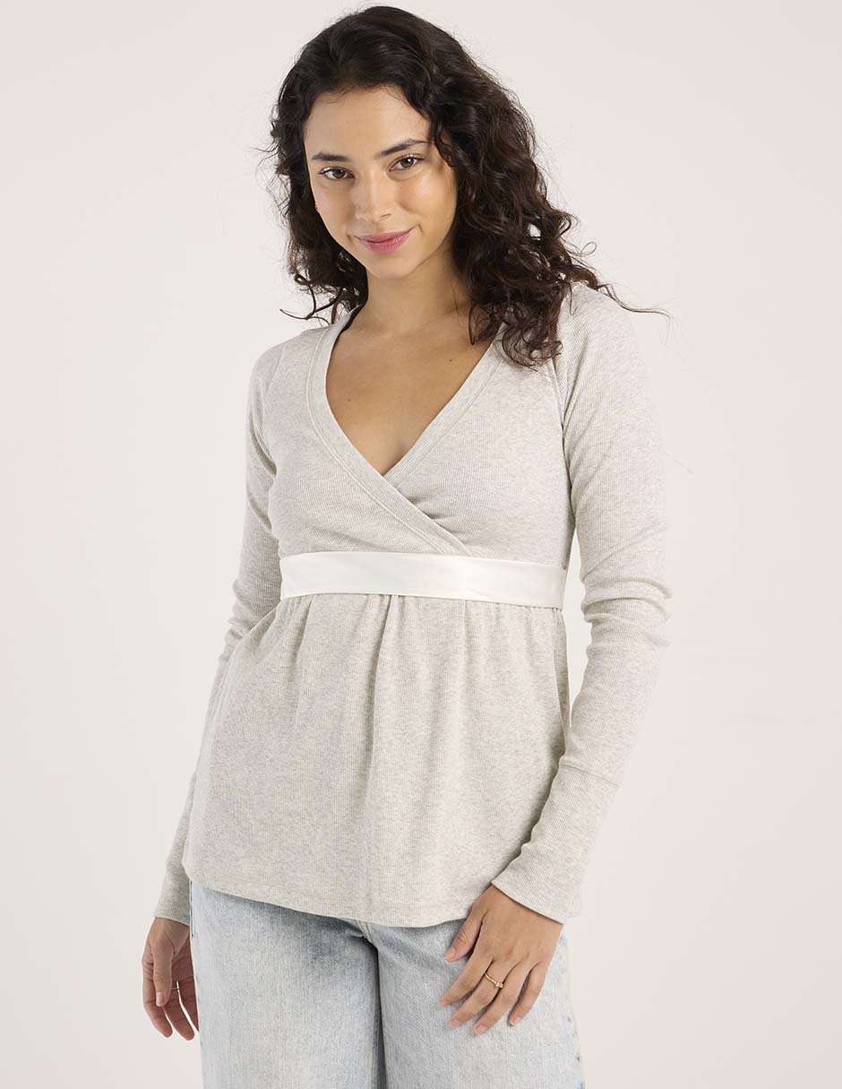 Playera manga larga cuello V para mujer