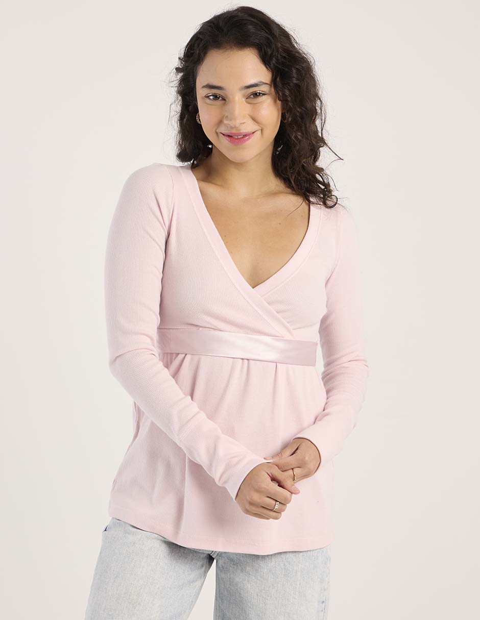 Playera manga larga cuello V para mujer