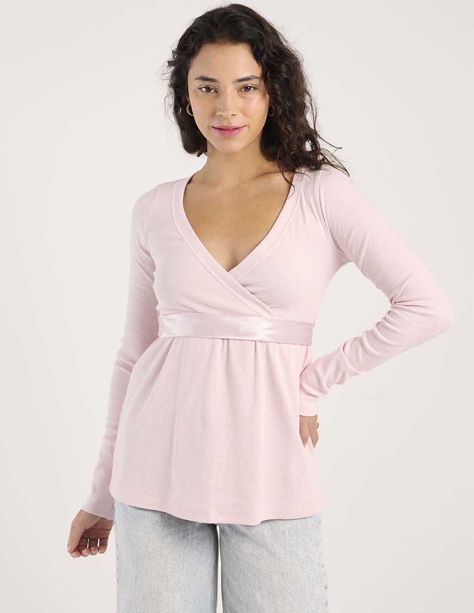 Playera manga larga cuello V para mujer 2