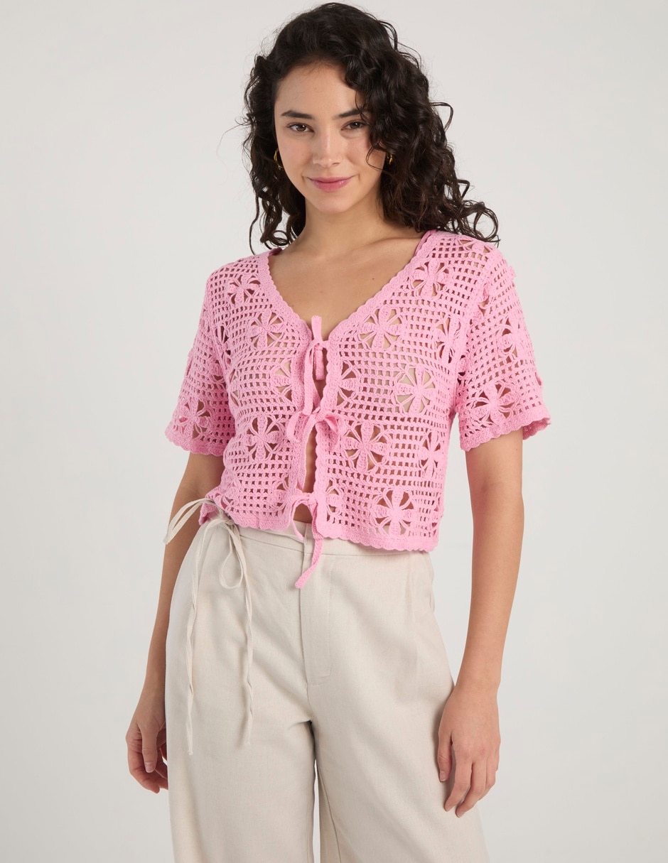 Blusa trenzada manga al codo para mujer Blusa trenzada manga al codo para mujer