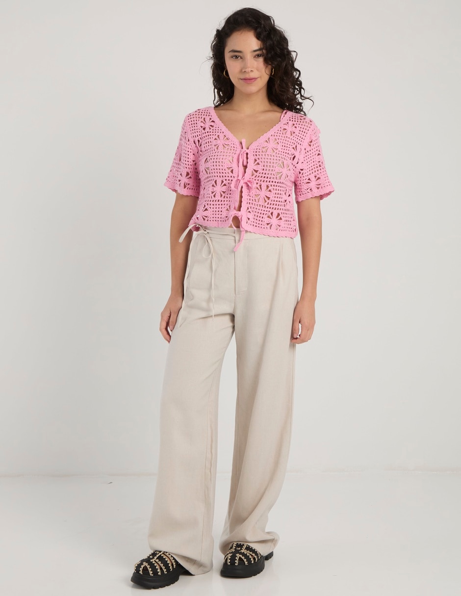 Blusa trenzada Coffee Bean manga al codo para mujer