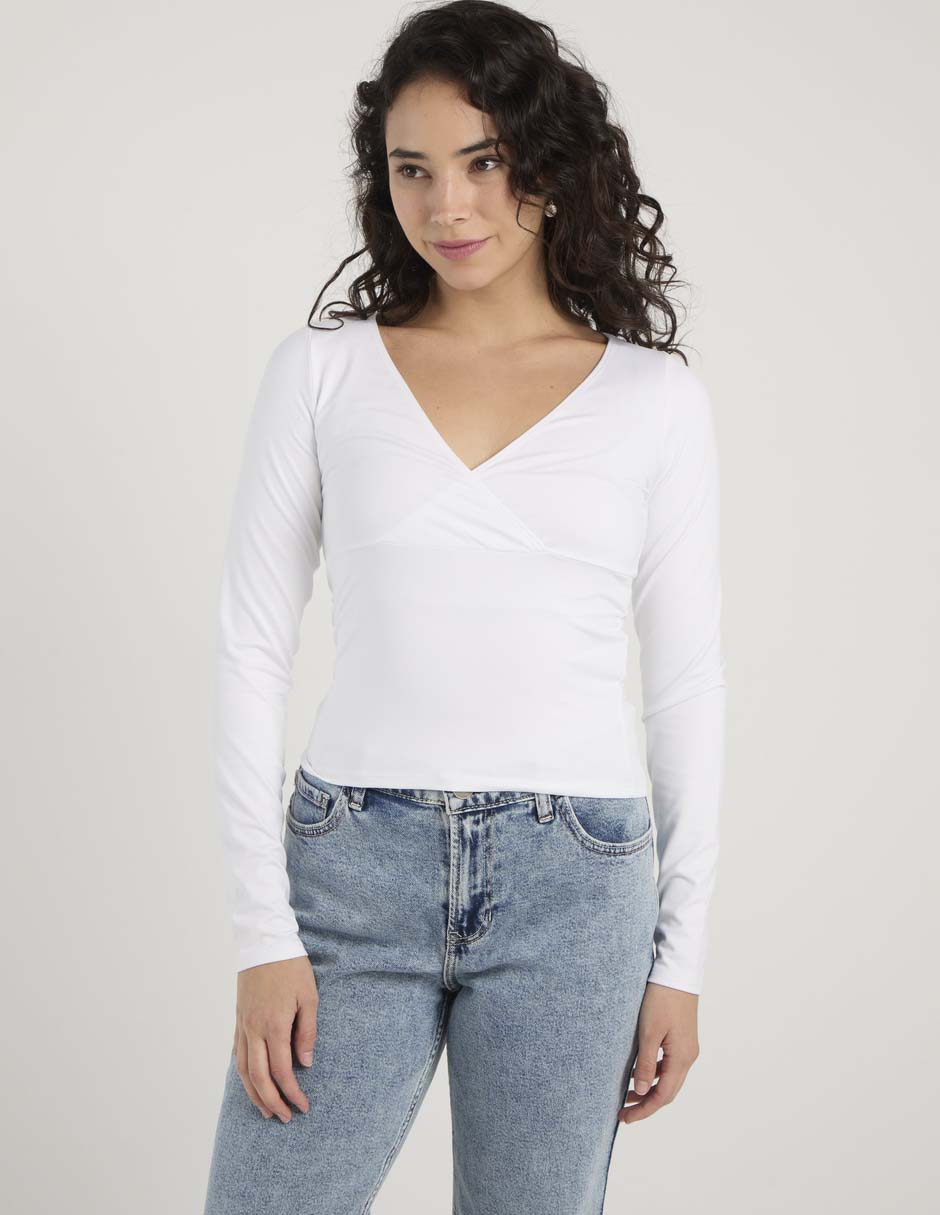 Playera manga larga cuello V para mujer
