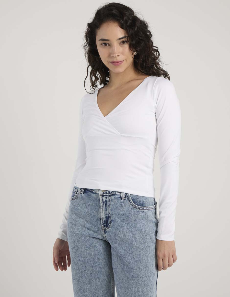 Playera manga larga cuello V para mujer 2