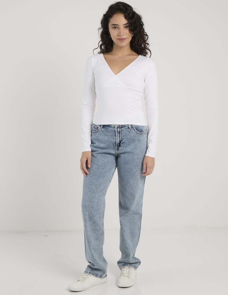 Playera manga larga cuello V para mujer 3
