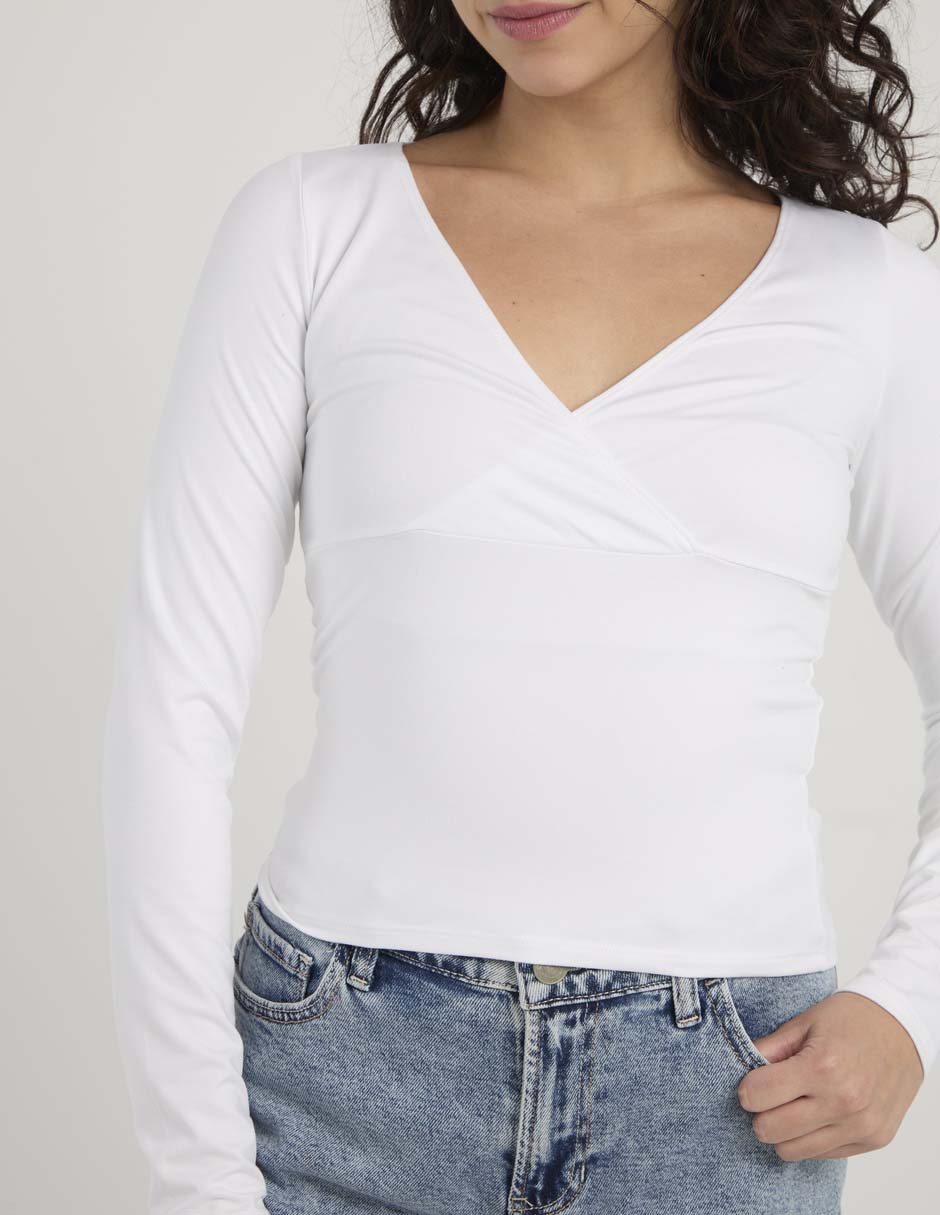 Playera manga larga cuello V para mujer 5