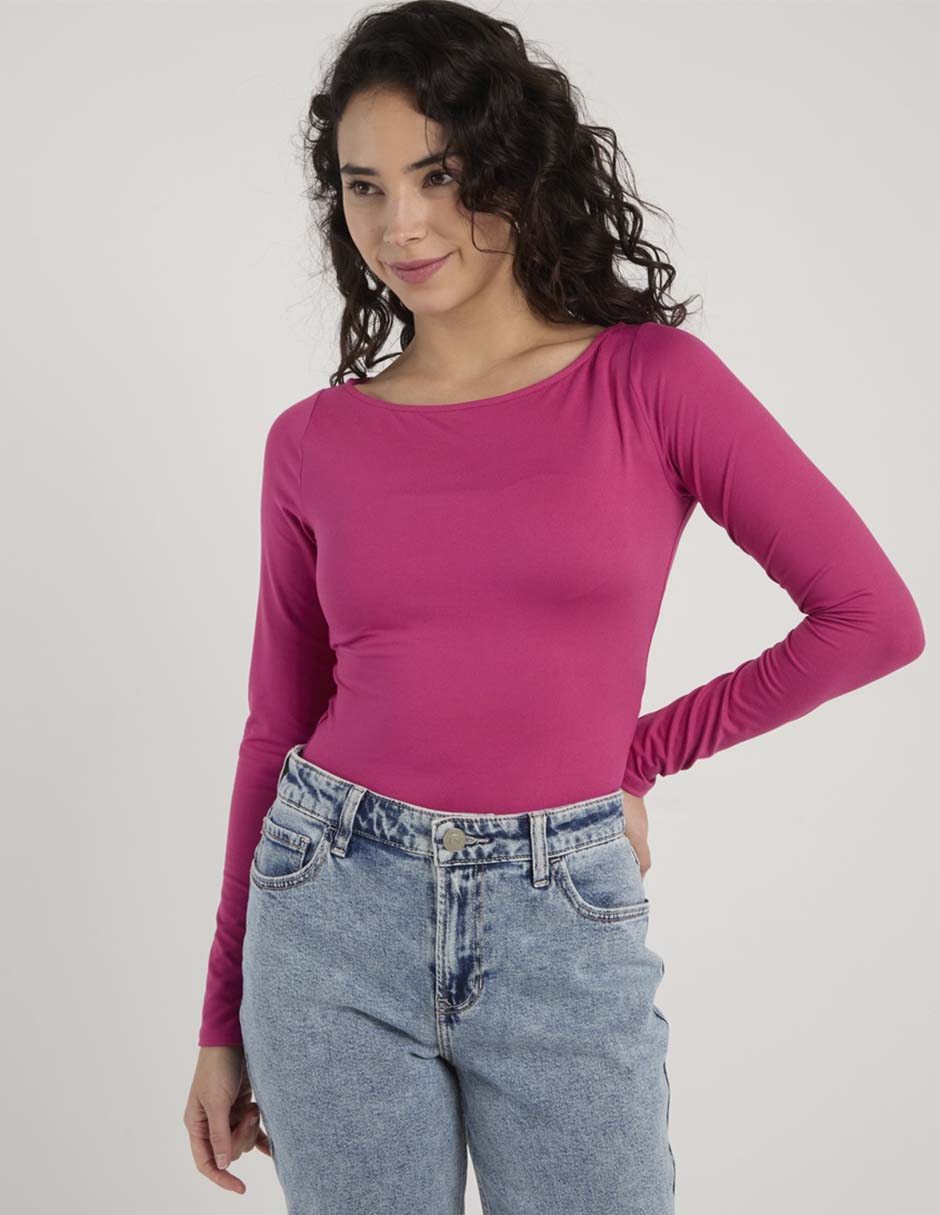 Playera manga larga cuello ojal para mujer