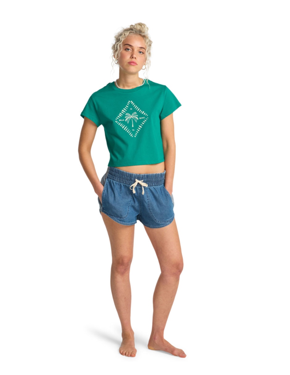 Playera manga corta Check Me In cuello redondo para mujer 2